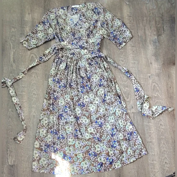 & Other Stories Relaxed Wrap Maxi Dress Womens 6 Brown & Multi Floral Silk Blend - Picture 8 of 16